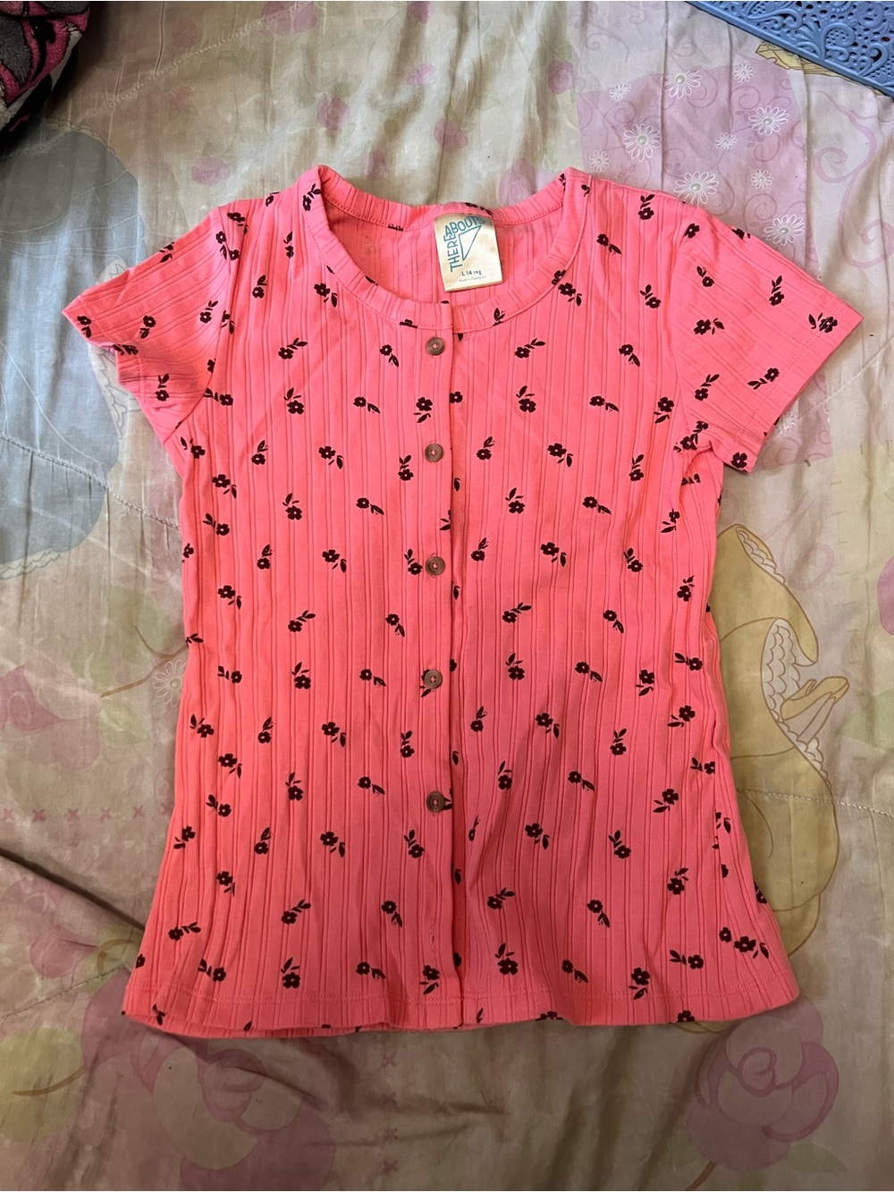 The Children's Place Coral Pink Button-Front Ribbed Top with Black Floral Print